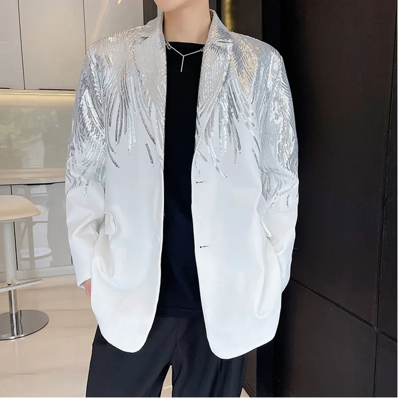 Oversize Loose Casual Blazers Men\'s Star Singer Concert Stage Silver Sequins Suit Coat Plus Size Performance Costume Jackets