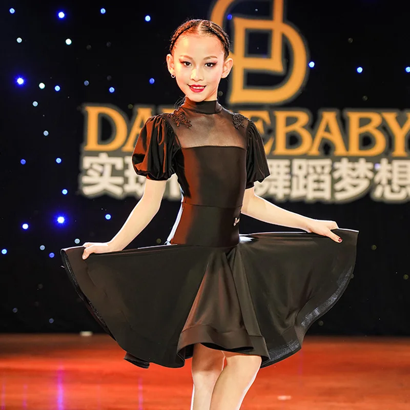 New Girls Latin Dance Dress Short Puff Sleeve Blue/Black Stage Performance Clothes Ballroom Dance Competition Dresses DWY5454