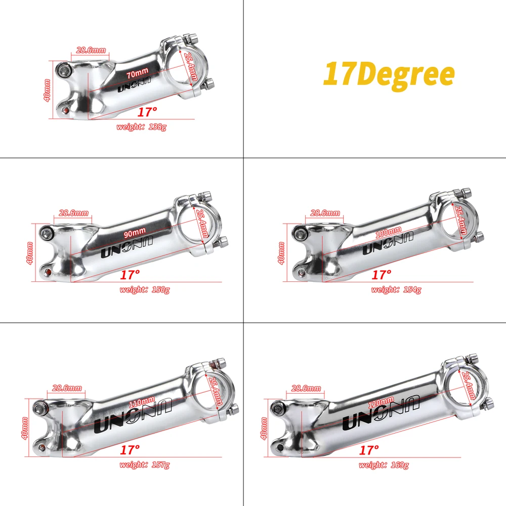 UNO-potencia de 17 grados para manillar de bicicleta de montaña, piezas de repuesto plateadas de 25,4/31,8mm, 60-130mm
