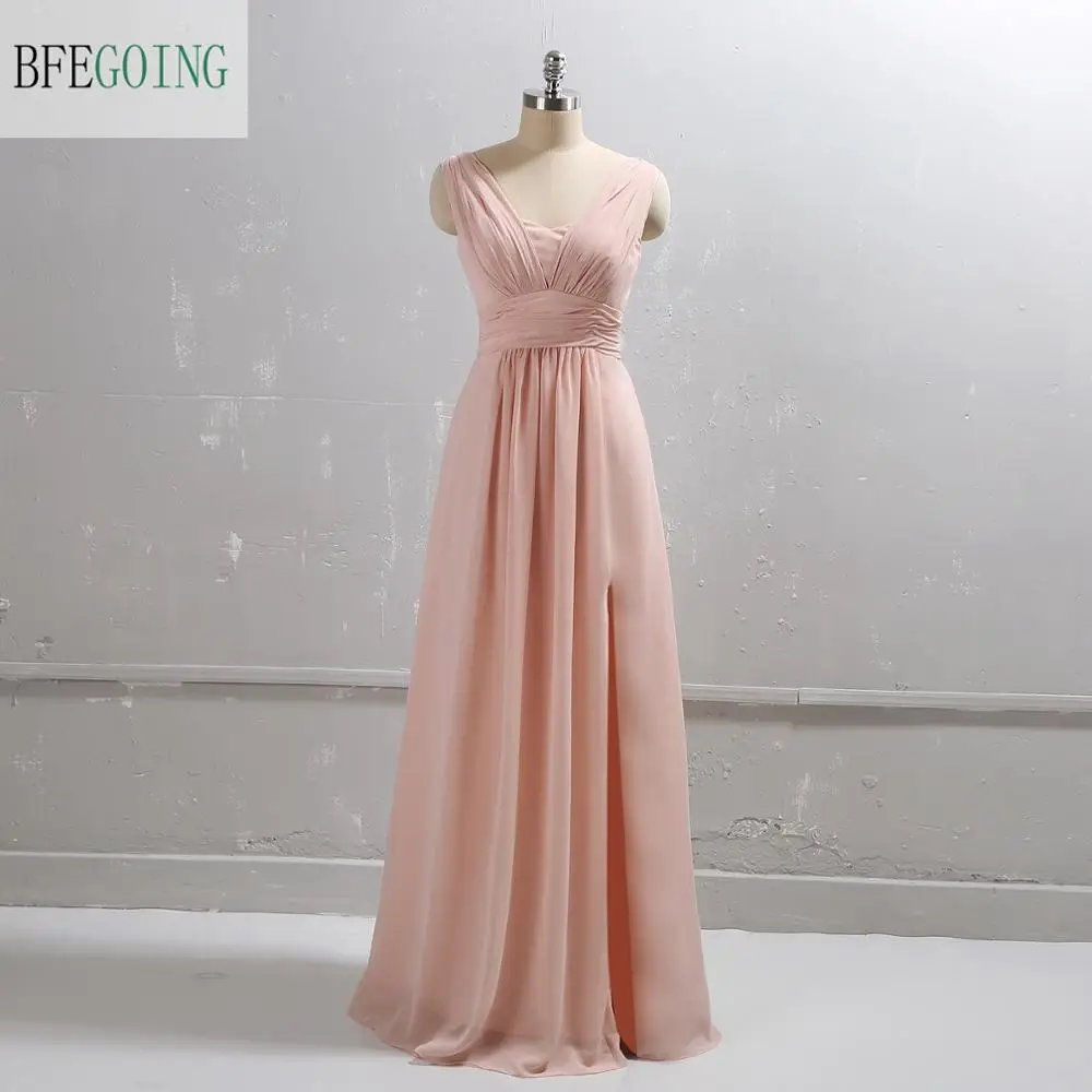 

Blush Pink Chiffon V-Neck Floor-Length Wedding Party A-Line Mother Of The Bride Dresses Custom Made