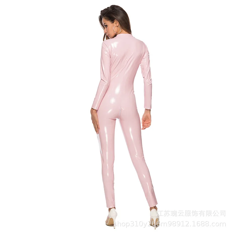 S-4XL Europese En Amerikaanse Patent Pvc Lederen Catsuit Turnpakje Lingerie Lange Rits Zak Paaldansen Kleding