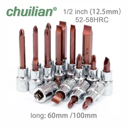 1/2 Inch 12.5mm Slotted Phillips Pozidriv Socket Bit Torx Screwdriver Bit Tools PH3 PH4 PZ3 PZ4 FD8 FD10 long 60mm 100mm