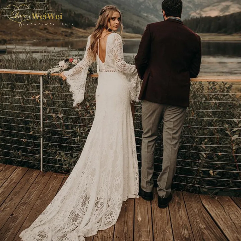 Gaun Pernikahan Bohemian Elegan Gaun Pengantin Model Deep A-Line Kerah V Court Train Lengan Flare Panjang Punggung Terbuka Selempang Renda Vestido De Noiva