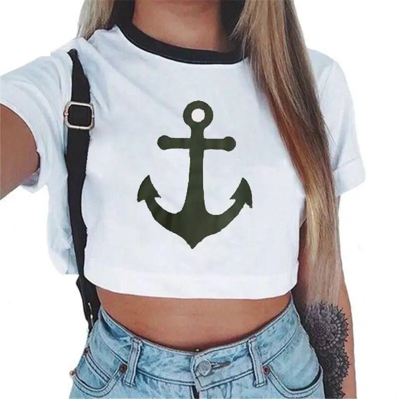 New Women Summer T-shirt Cute Style Printed Sexy Navel Short-Sleeved T-shirt Fashion Casual Cartoon T Shirt Crop Top T-shirt