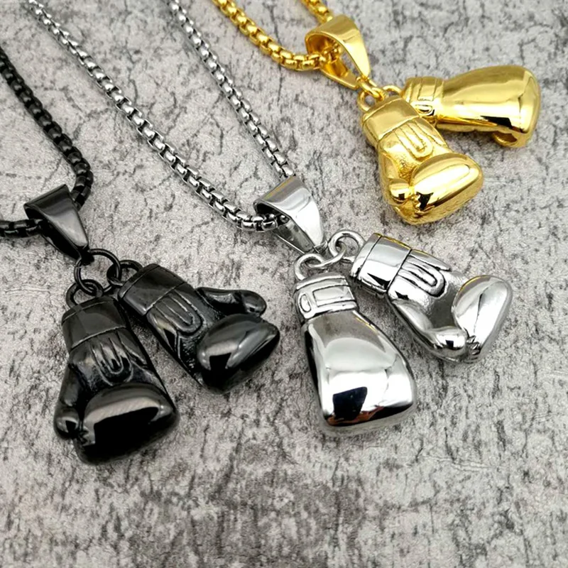 Hip Hop Gold Silver Color Black Stainless Steel Boxing Gloves Pendants Necklace for Men Sport Jewelry Drop Shipping