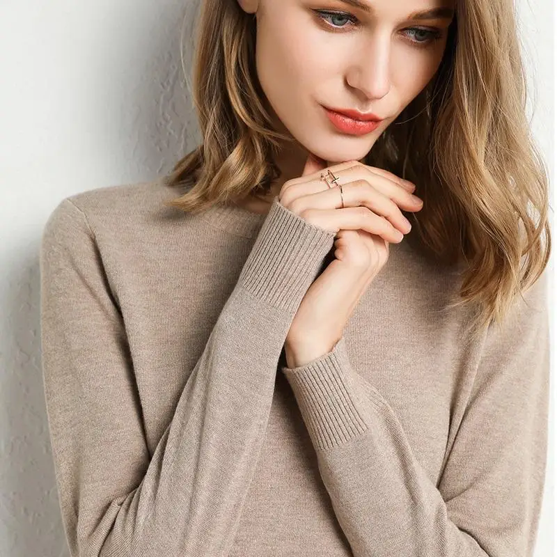 Damski sweter z wełny merynosów O-Neck Pullover Wiosna Jesień Dzianina z długim rękawem Slim Solid Color Fashion Bottoming Odzież Tops