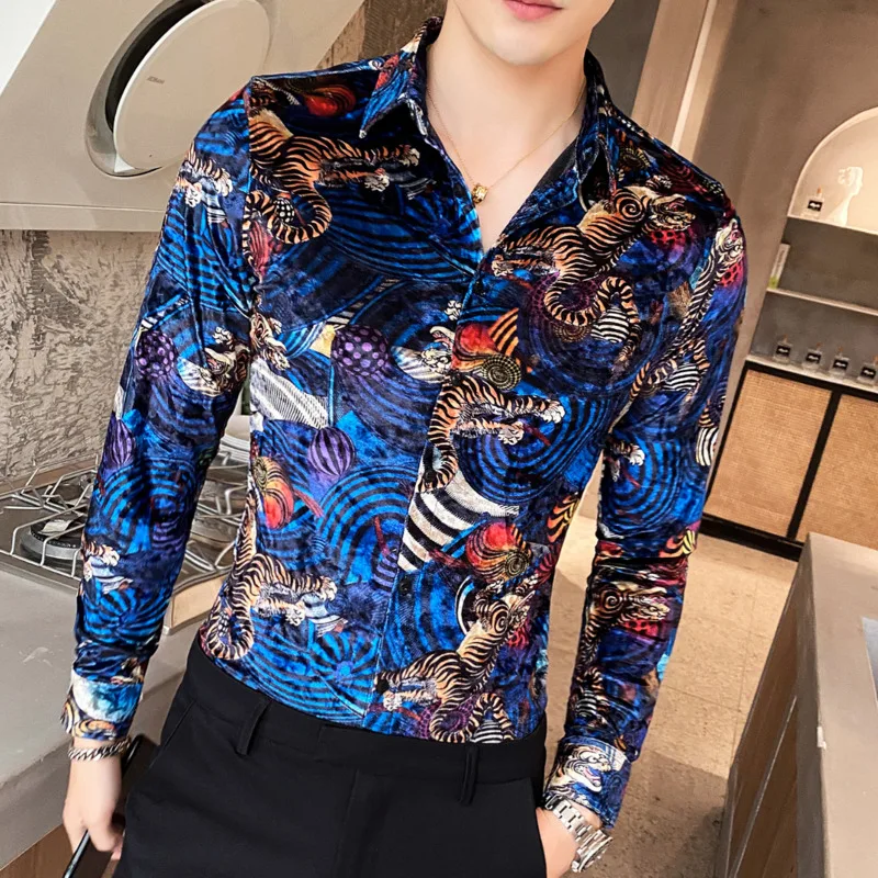 Velvet Luxury Men Warm Camisa Masculina Slim Fit Flower Shirt Men Formal Shirts 5xl Personality Animal Print Long Sleeve Shirt