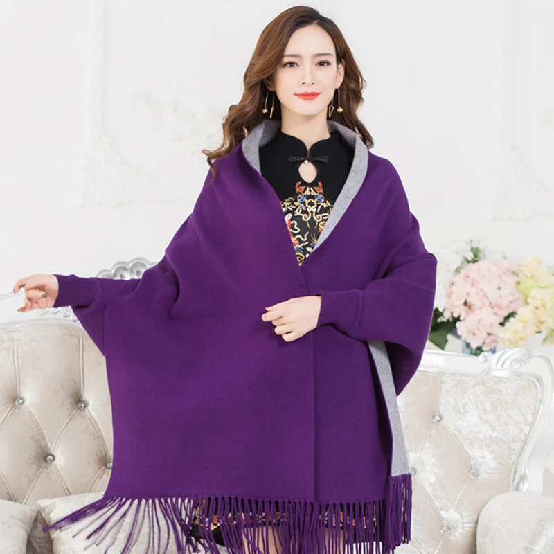 Women New Autumn Winter Cashmere Pashmina Scarves Retro Embroider Flower Fringed Shawl Long Sleeve Knitted Coat Poncho Capes