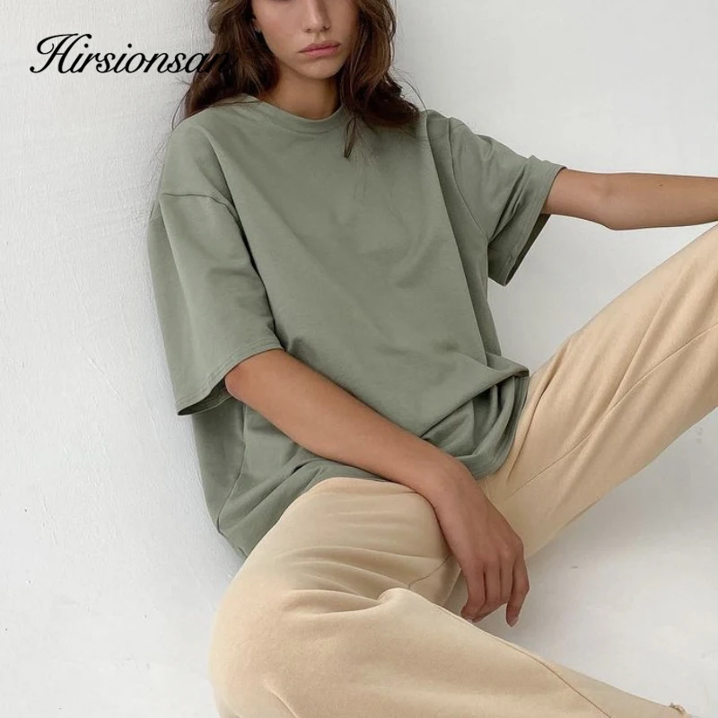 Hirsionsan Casual Cotton Basic T-Shirt Women Soft Oversized Solid Color Female Tees Harajuku Elegant Ladies Summer Tops Green