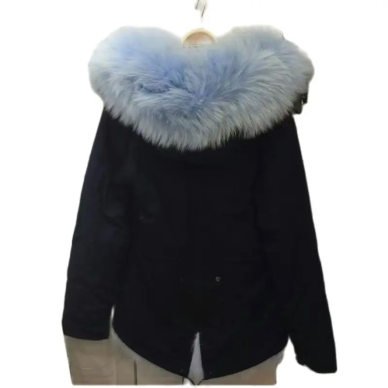 New Trend Light Blue Fox Fur Lined Parka Winter Women Short Navy Jacket Coat Mrs Or Mr Fur Outwear