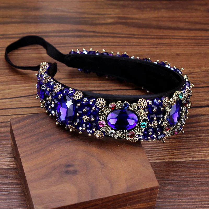 Luxury Royal Blue Crystal Baroque Headbands Handmade Diamante Vintage Hairbands For Women Wedding Hair Accessories