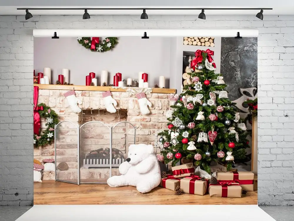 

VinylBDS Christmas Indoor Backdrops photography Christmas Tree Bear Photographie Background Brick Wall Fireplace for Photo