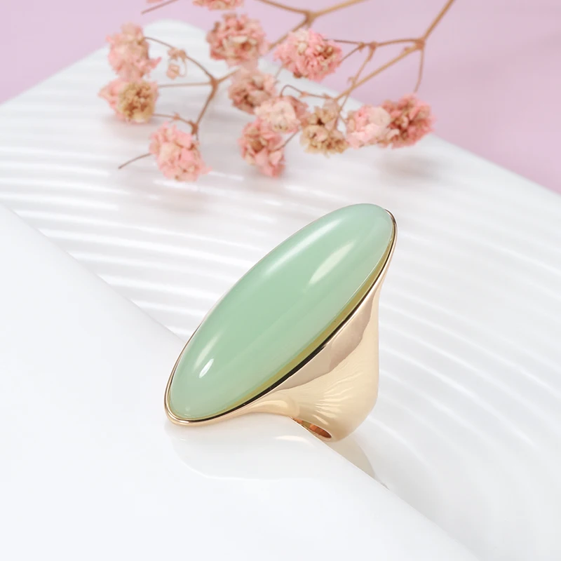 New Minimalism Golden Rings Large Glossy Misty Green Stone Transparent Blue Slender Finger Rings Gold Plated Rings Party Jewelry