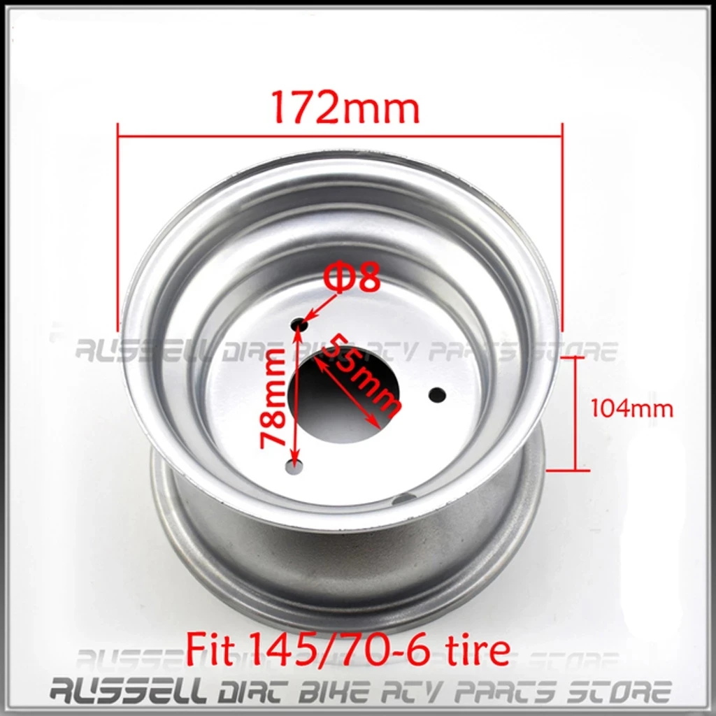 

6-Inch Iron 3 -Hole Wheel Rim Fit for 145/70-6 13x5.00-6 13x6.50-6 Tires ATV Vacuum Rim 110cc 125cc Karts Lawn Mowers ATV