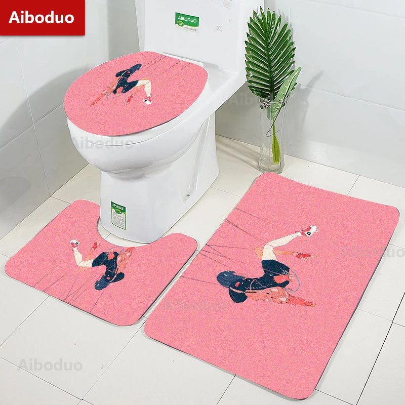 

Aiboduo Customizable Anime Girl 3pcs/set Non Slip Pink Toilet Lid Cover Set Carpet Bath Mat Restroom Rug Cute Home Decoration