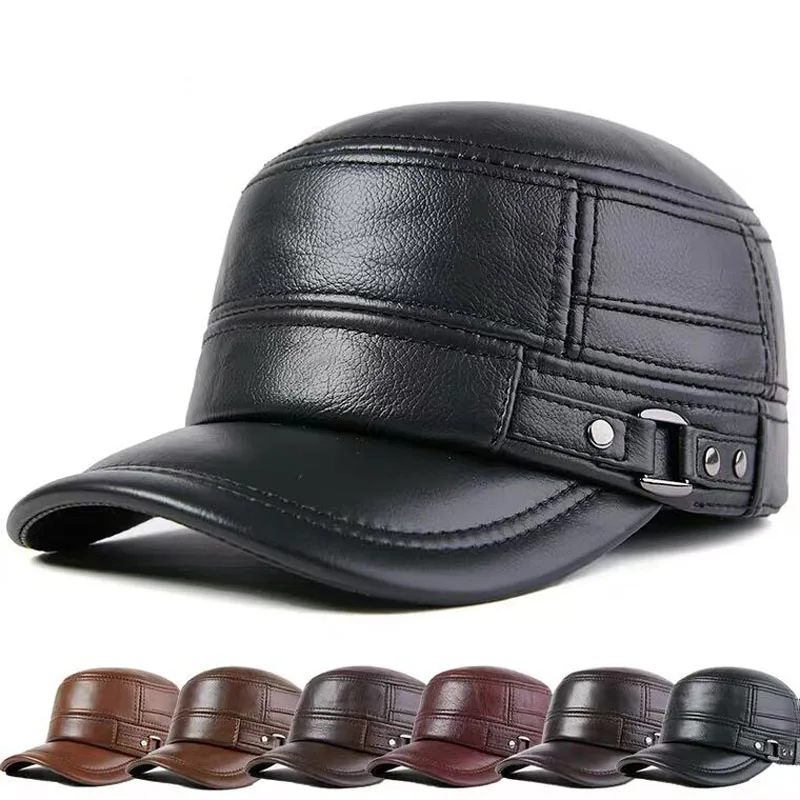 Genuine Leather Cap Men\'s Flat Caps Army Military Hat Elegant Man Baseball Cap British Vintage Cowhide Leather Hats