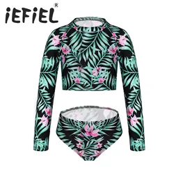 Kids Girls Children Beachwear Outfits Long Sleeves Floral Printed Rashguard Swimsuit Swimwear Bathing Suit Set Tops with Bottoms