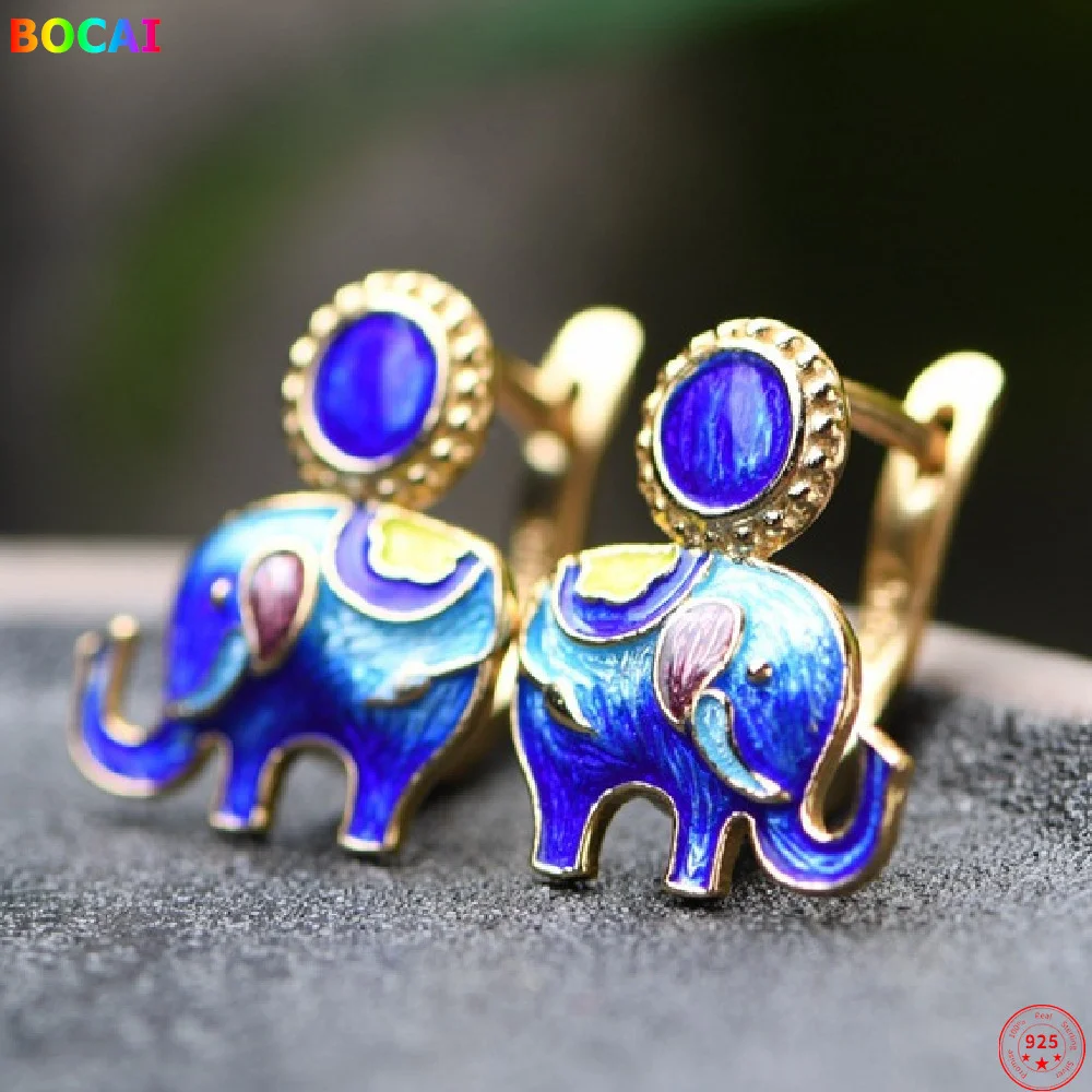 

100% S925 Sterling Silver Cloisonne Earrings 2021 Popular Simple Elephant Enamel Earstuds Pure Argentum Jewelry for Women