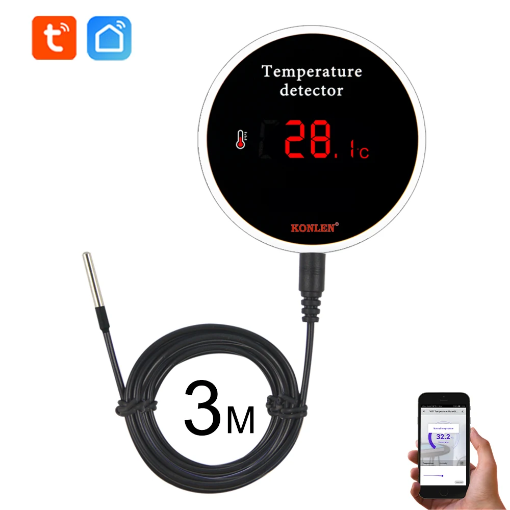 KONLEN Tuya Wifi czujnik temperatury 3m sonda przewodowa cyfrowy termometr Smartlife inteligentny dom wodny termostat basenowy zdalny Alarm