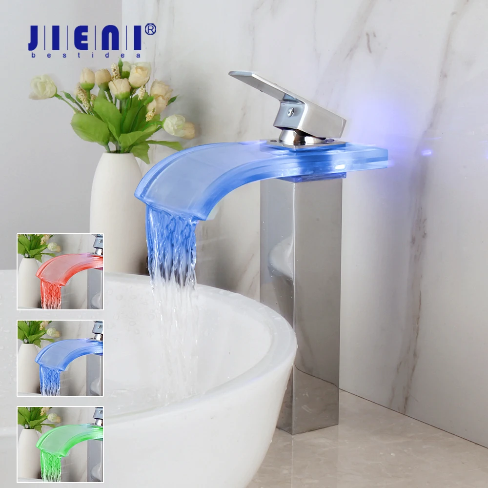 

JIENI Chrome Polish Bathroom Basin Mixer Faucet Glass Waterfall Wide Spout Deck Mounted Water Wash Basin Mixer Tap Faucet