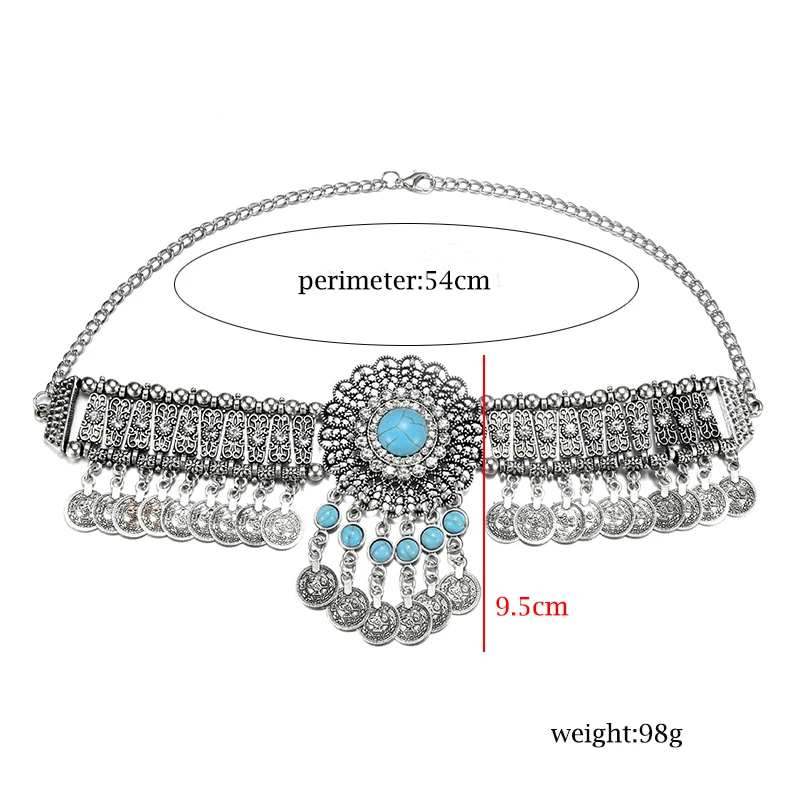 Statement Vintage Choker Necklace Women Bohemain Collares Flower Crystal Rhinestone Blue Beaded Coin Tassel Ethnic Gypsy Jewelry