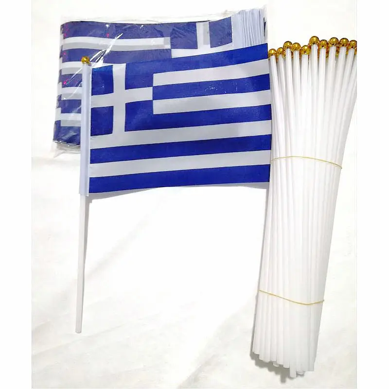 Greece Hand Flag 14*21cm 10/20/50/100pcs polyester fabrics Greece Small Hand waving Flag with plastic flagpole for decor