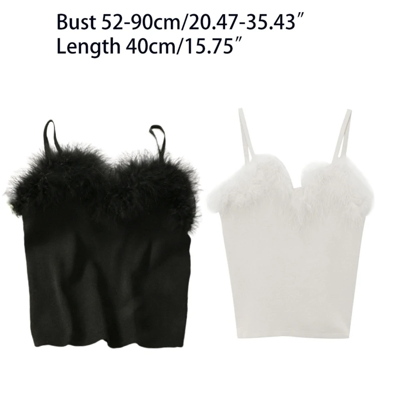 Womens Sexy Faux Fur Feather Trim Camisole Knitting Spaghetti Strap Slim Tank Top Solid Color Fluffy Baselayer Sleeveless New