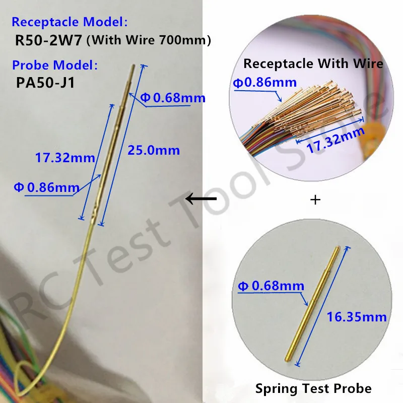 Cavo resistente ad alta temperatura precablato Pin del Pogo del pwb dello zoccolo della sonda della prova della molla di lunghezza 17.5mm R50-2W7