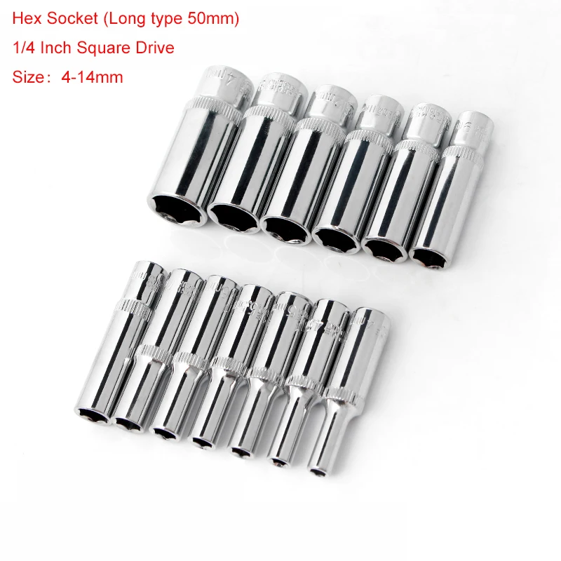 1 pçs CR-V 1/4 Polegada unidade quadrada métrica longa hex soquete 4mm-14mm parafuso porca driver chave chave inglesa adaptador catraca ferramenta de reparo do carro