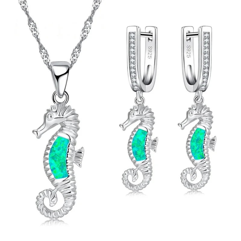 Ladies Jewelry Set Cute Inlaid Seahorse Pendant For Women Wedding Accessories Girl Necklace Earring Birthday Gift