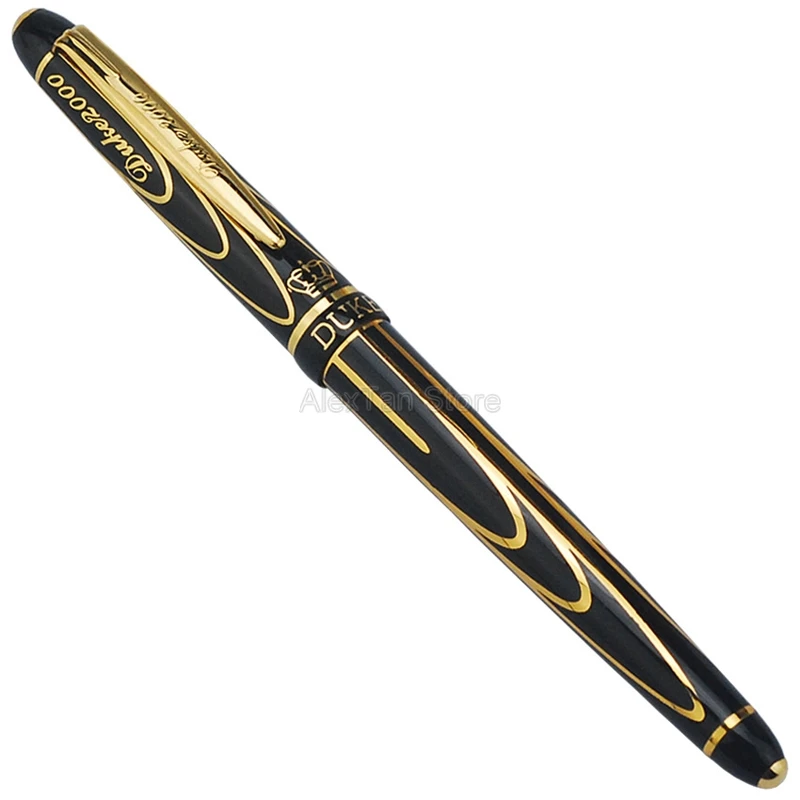 Duke Noble Pioneer 14K/8K Gold Fountain Pen Advanced Chromed Golden & Black Lines Fine Point 0.5mm & Gift Box Fit Collection