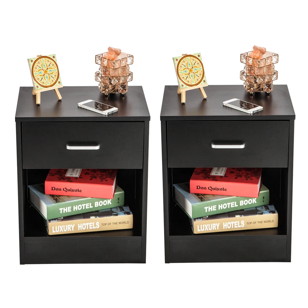 2pcs Bedside Cabinet Nightstand Side End Table with 1 Drawer Black/White 2-Layer Night Stands 15.8x11.8x19.7in[US-Stock]