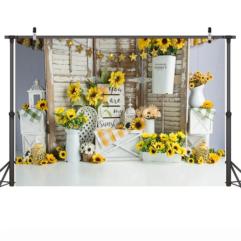 Newborn Sunflower Theme Birthday Portrait Backdrop Flower Market Baby Children Cake Smash Dessert Banner Garden Photo Booth Prop