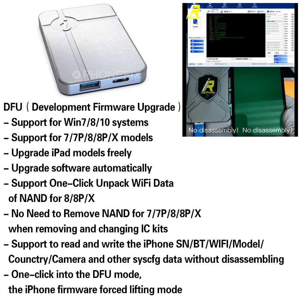 IRepair P10 DFU untuk iPad & iPhone NAND Programmer/DCSD Kabel Teknik Kabel Digunakan dengan DFU Kotak Satu tombol Ungu Layar