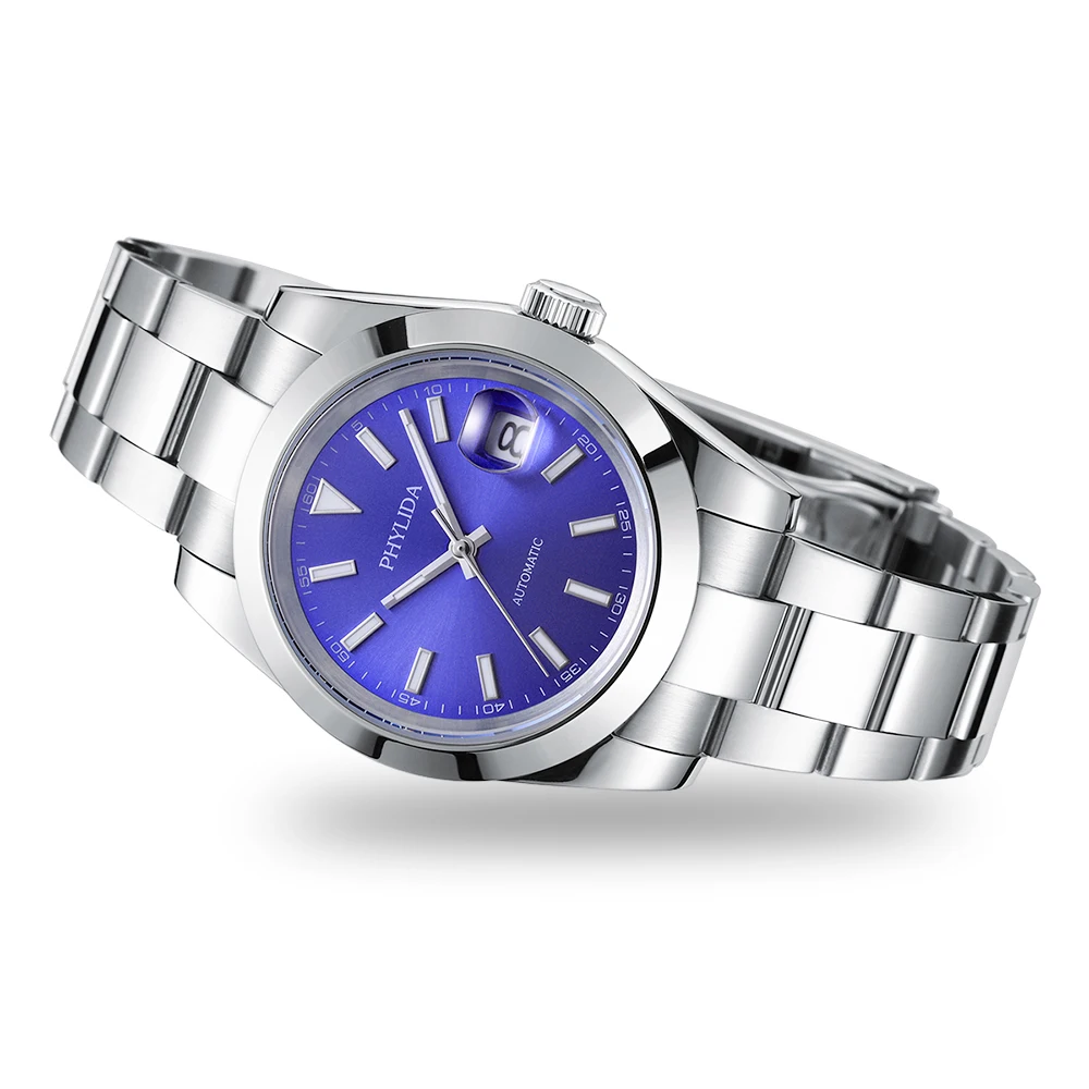 PHYLIDA 39mm Three-Hand with Date Blue Dial Mens Watch 100M WR Miyota Mechanical Automatic Movement