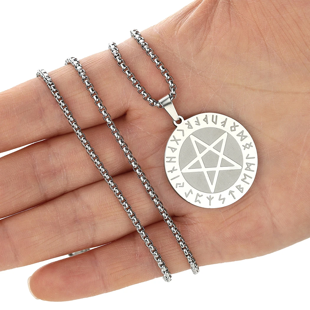 Wiccan Elder Futhark Pentagram Star Necklace For Women Stainless Steel Jewelry Rune Amulet Pendant Viking Men Necklace