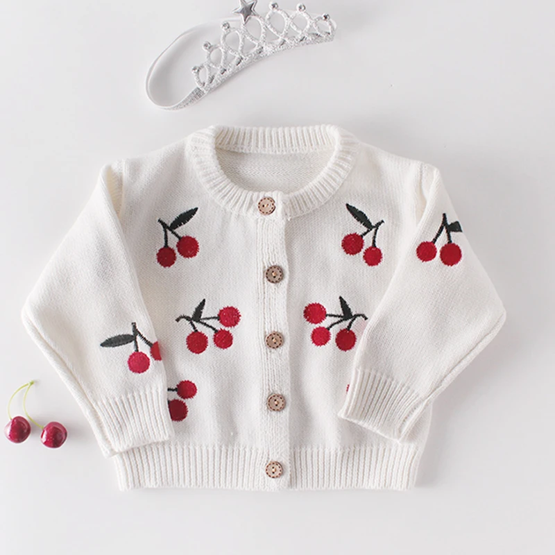 Engepapa Lovely Sweet Style Toddler Girls Clothing Set Cherry Embroidery Knitted Cardigan+Rompers Baby Girls Clothes Set