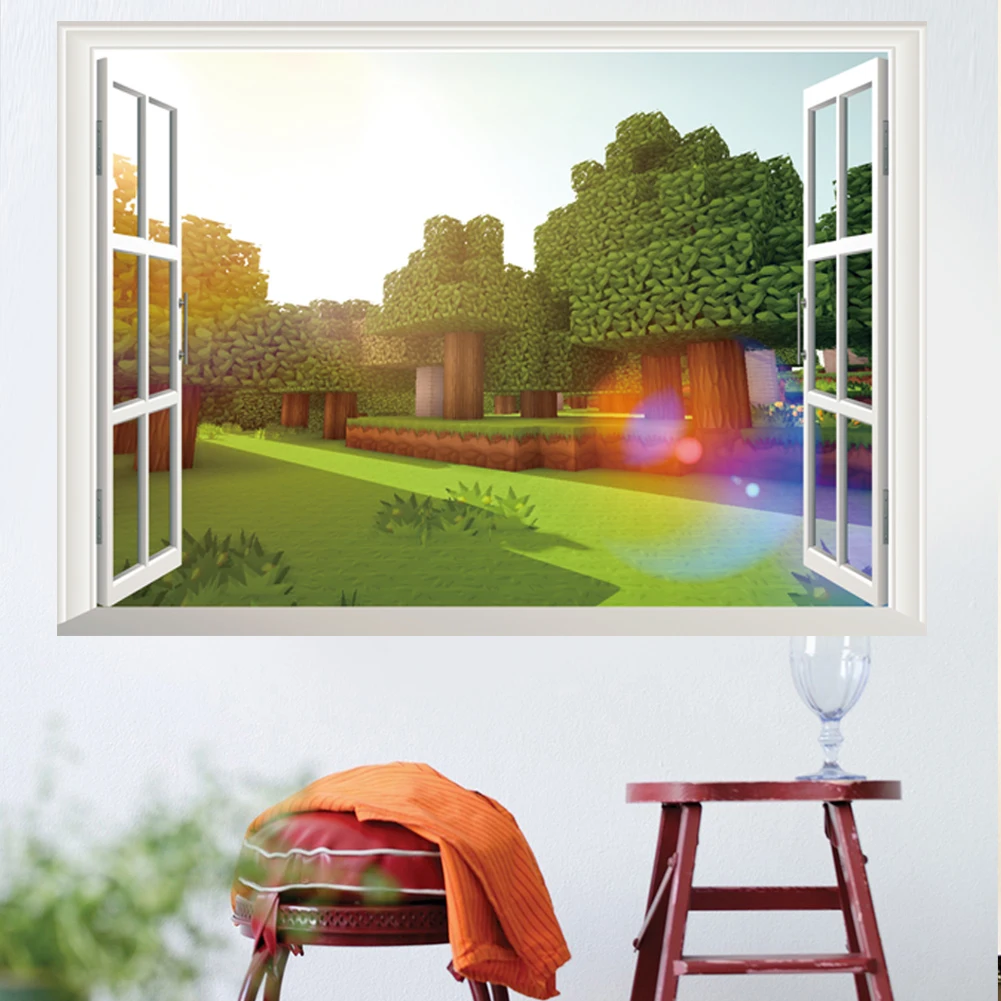 Pegatinas de pared de ventanas 3D de juego de Anime steve de dibujos animados, decoración del hogar Pixel World, carteles periféricos, juegos de arenero