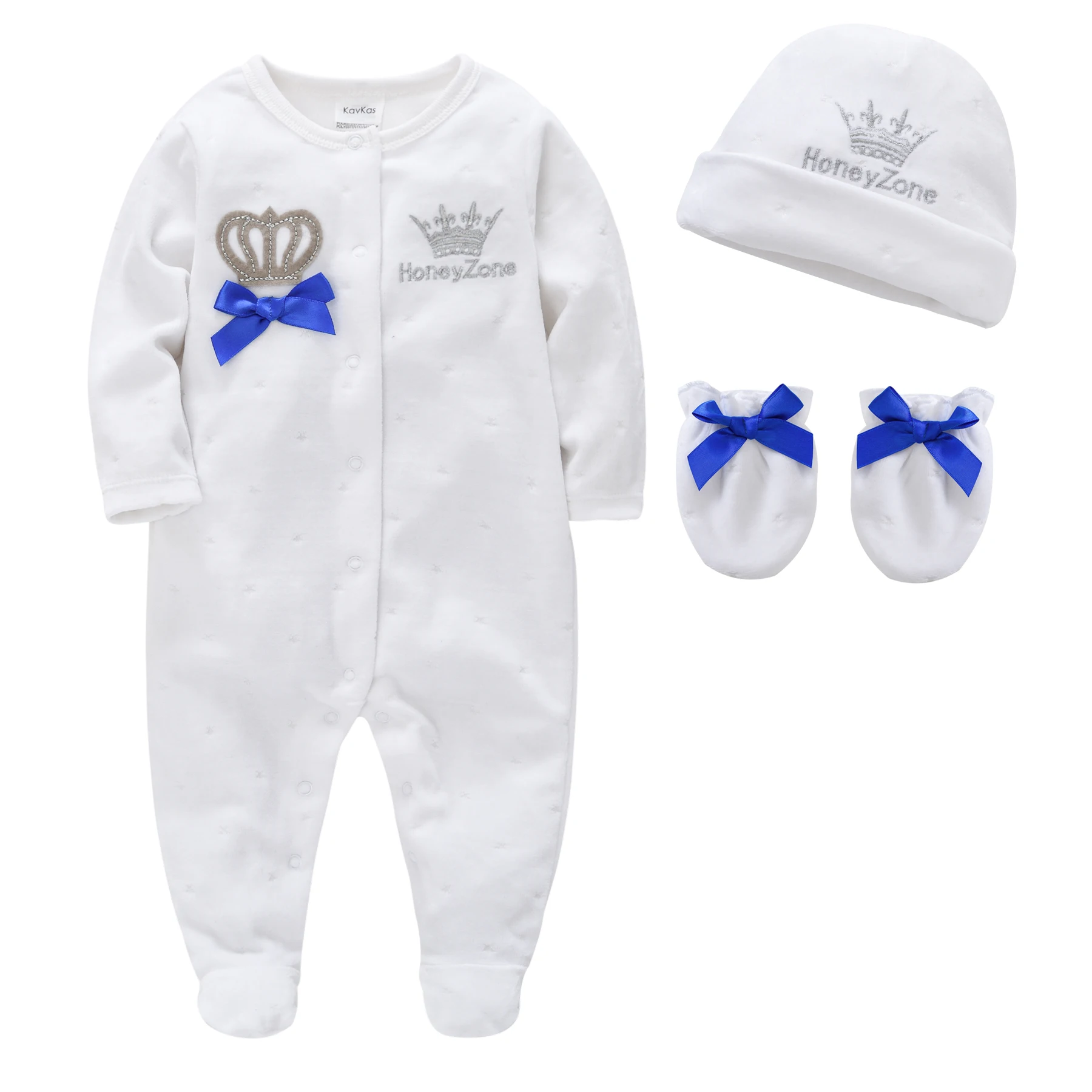 Newborn Baby Boys Girl Rompers with Hat Gloves Long Sleeve Cartoon Crown Velvet Infant Jumpsuit Overalls Toddler Onesies Outfit