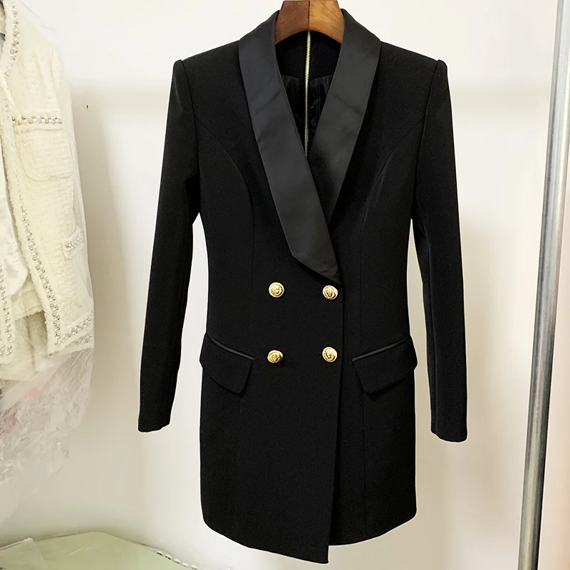 HIGH STREET 2024 New Fashion Designer Blazer Dress Women\'s Long Sleeve Double Breasted Metal Buttons Satin Notched Collar Dress