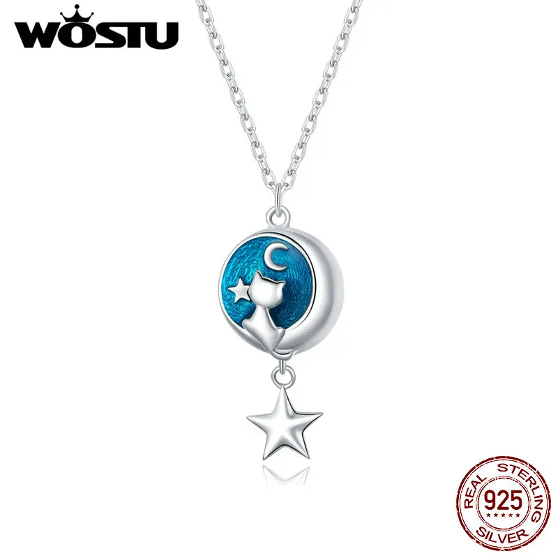 WOSTU 925 Sterling Silver Moon & Cat Star Necklace Blue Enamel Long Chain Link Necklace For Women Fashion Jewelry CQN422