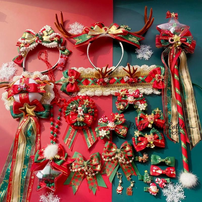 Original New Christmas Lolita Hair Accessories Antler Hairband Red Green Barrettes Badge Truncheon Necklace Top Hat Lo