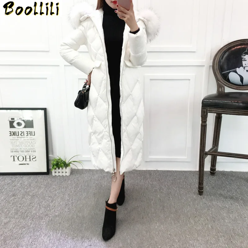 

White Boollili 2023 Duck Down Jacket Women Long Winter Coat Hooded Fox Fur Collar Fashion Overcoat Female Puffer Jacket