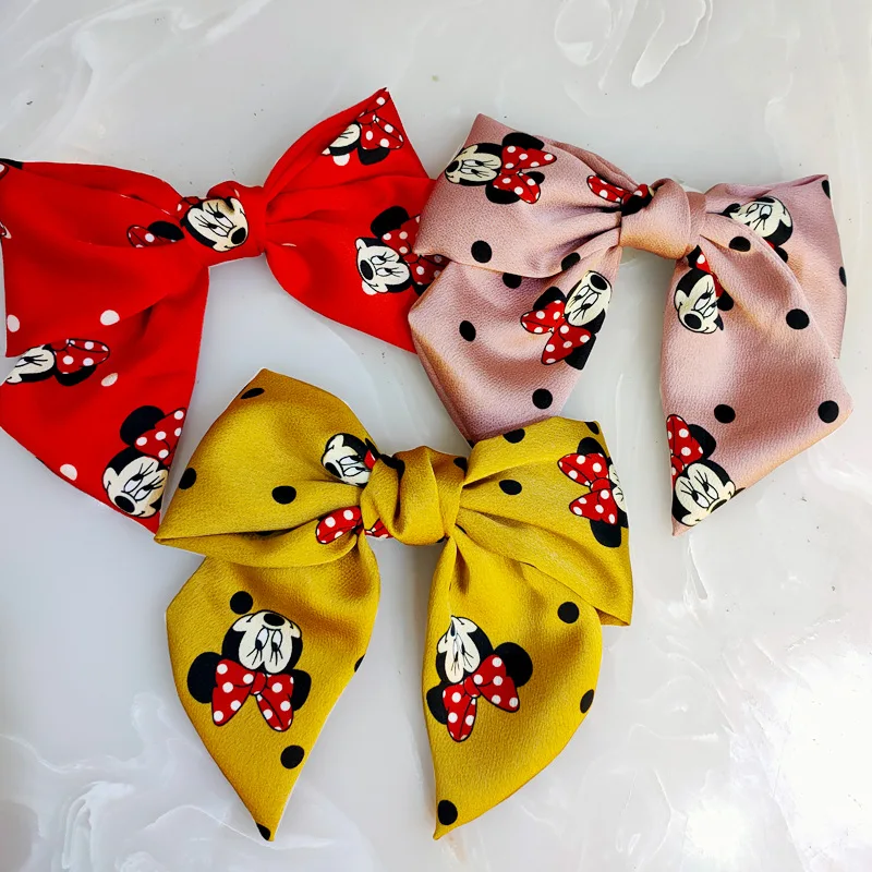 Hairpin Mickey Bow de abas largas para meninas, All-Match Minnie Hairpin, tecido artesanal, clipe de primavera, acessórios fofos para meninas, novos