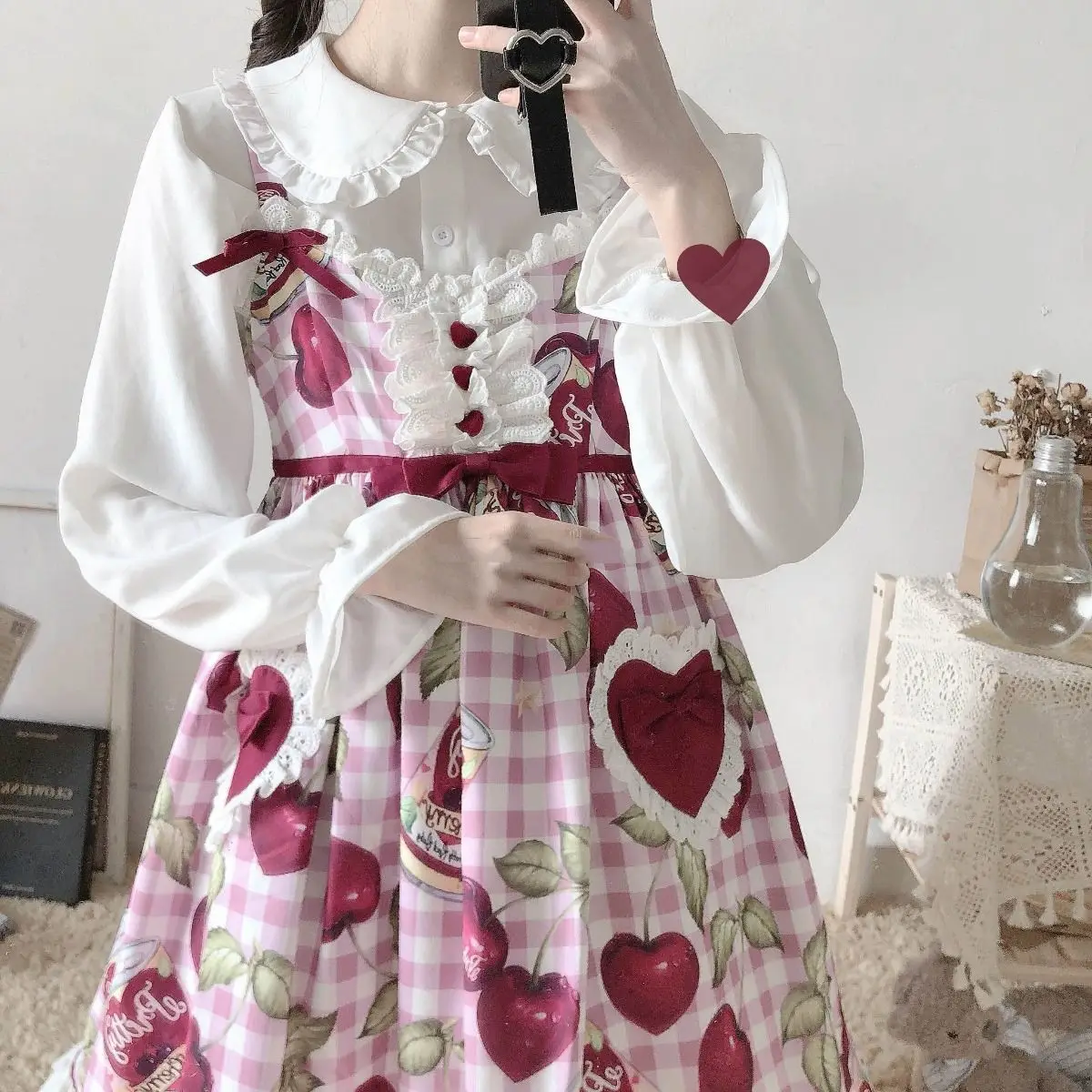 Peter Pan Kragen Süßes Hemd Frauen Lolita Japanische Kawaii Bluse Puff Langarm Elegante Weiße Weibliche Top Grundlegende Schule Shirts – Detail 13