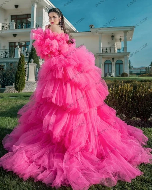 Fashion Hot Pink High Low Tiered Tulle Women Formal Event Dress One Shoulder Puffy Ruffles Long Prom Gowns Bridal Dress Dresses AliExpress