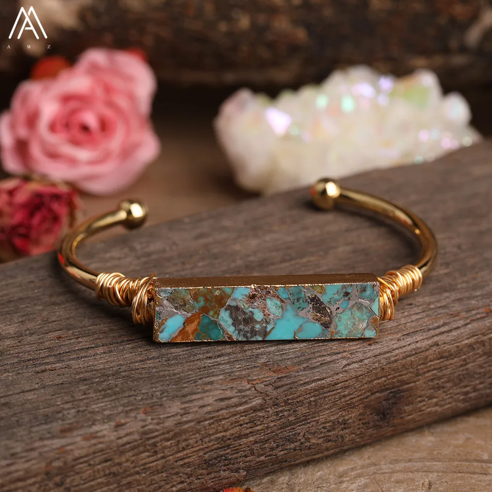 Natural Turquoises Stone Rectangle Slab Beads Open Cuff Bangle Bracelet Women Friendship Gold Bracelet Jewelry Gift BG017AMBD