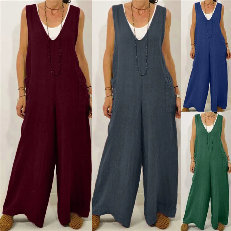 Ladies V-Neck Onesie Pant Trousers Loose Casual Female Women Sleeveless One-Piece Romper Overalls Jumpsuit Streetwear Plus Size