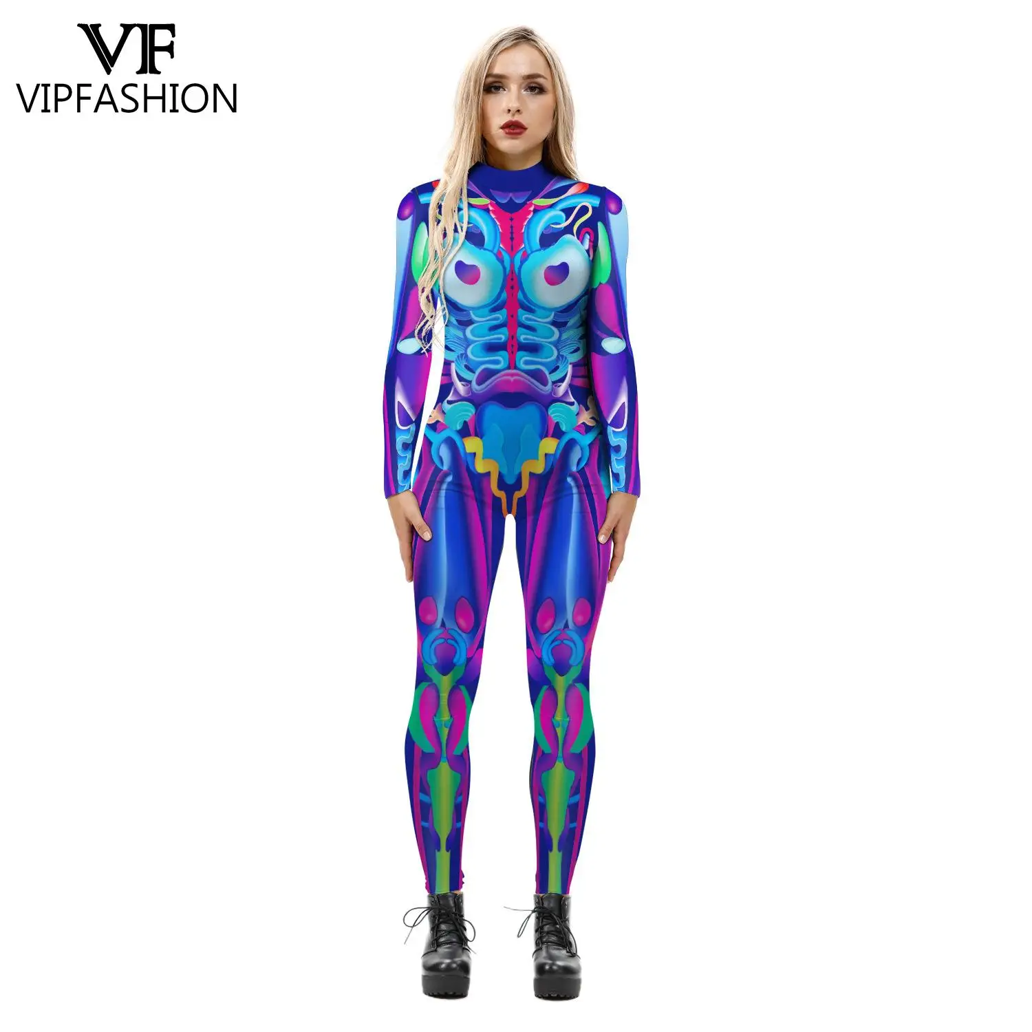 Vip Mode Halloween Kostuum Skelet Gedrukt Jumpsuits Vrouwen Gradiënt Kleurrijke Cosplay Bodysuits Zentai Catsuit