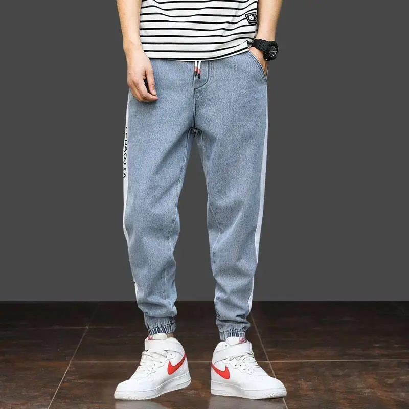Vintage Jeans For Men Cargo Pants Loose Harem Pants Ankle Banded Casual Trousers Hip Hop Streetwear Stretch Joggers Blue Black
